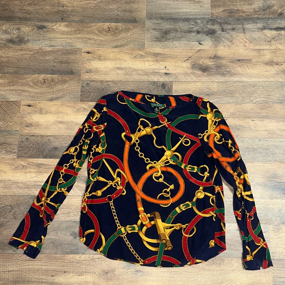 Lauren Ralph Lauren vintage Navy Chain Print Blouse green label size 2